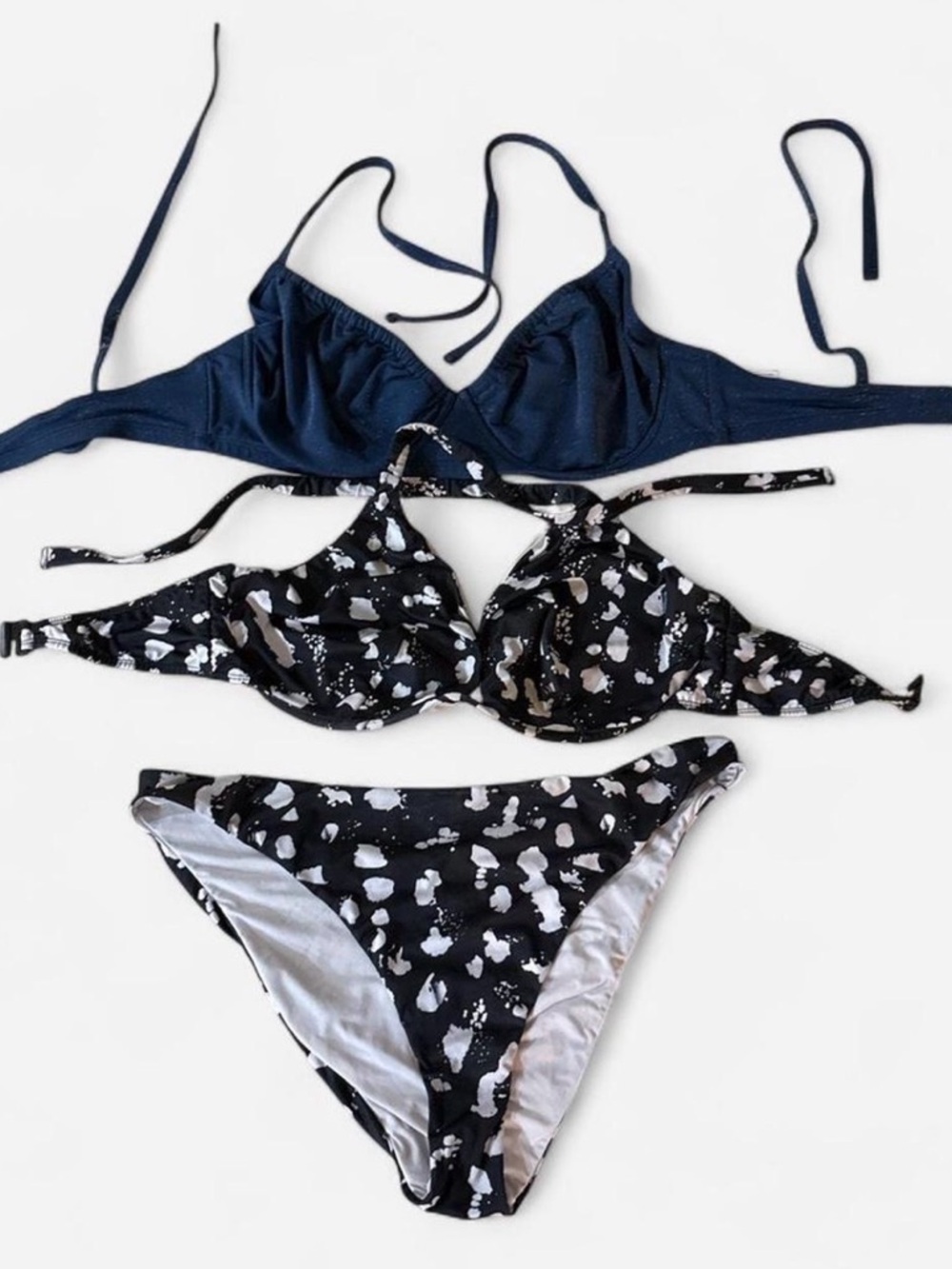 Two-Piece Bikini Set — Black White Bikini Set and Navy Top